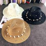 Khakifarbene Sommerhüte mit Perlen aus Stroh für Damen 