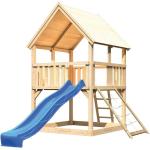 Akubi Kinderspielturm Luis mit Wellenrutsche und Netzrampe blau inkl. gratis Akubi Farbsystem & Kuscheltier