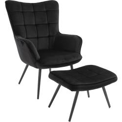 Sessel mit Hocker, Velours, Schwarz, Loungesessel für das Wohnzimmer, Pflegesessel und Ohrensessel 72x102x80 cm - Alfred