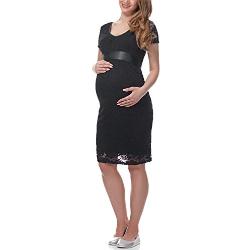 Be Mammy Damen Umstandskleid festlich aus Spitze Kurze Ärmel Maternity Schwangerschaftskleid BE20-162 (Schwarz, M)