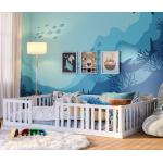 Bellabino Tapi Kinderbett 140x200 cm, Montessori Bodenbett inkl. Rausfallschutz und Lattenrost für Jungen und Mädchen aus Kiefer Massivholz in weiß lackiert