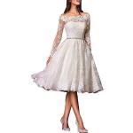 Elfenbeinfarbene Langärmelige Knielange Brautkleider & Hochzeitskleider mit Gürtel aus Spitze für Damen Größe M zur Hochzeit 