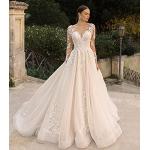 Weiße Romantische Langärmelige Maxi V-Ausschnitt Brautkleider & Hochzeitskleider für Damen Größe L zur Hochzeit 