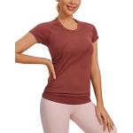 Reduzierte Cognacfarbene Kurzärmelige Atmungsaktive Yoga Shirts für Damen Größe M 