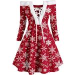 Rote Print Vintage Langärmelige Audrey Hepburn Mini V-Ausschnitt Partykleider mit Schleifen aus Samt für Damen Größe XL zu Weihnachten 