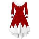Rote Print Vintage Langärmelige Audrey Hepburn Mini V-Ausschnitt Partykleider mit Schleifen aus Samt für Damen Größe L zu Weihnachten 