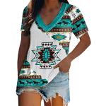 Dunkelbraune Print Ethno Kurzärmelige V-Ausschnitt V-Shirts mit Schleifen aus Baumwolle für Damen Größe 3 XL Große Größen 