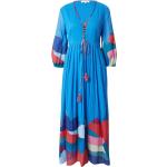 Himmelblaue 3/4-ärmelige René Derhy Maxi V-Ausschnitt Abendkleider & festliche Kleider mit Fransen aus Baumwolle für Damen Größe L 