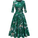 Grüne Retro Langärmelige Dresstells Rundhals-Auschnitt Cocktailkleider mit Gürtel Handwäsche für Damen Größe M zur Hochzeit 