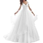 Weiße Langärmelige V-Ausschnitt Brautkleider & Hochzeitskleider aus Spitze für Damen Größe L zur Hochzeit 