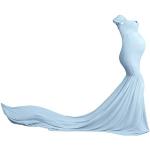 Hellblaue Ärmellose Maxi V-Ausschnitt Ballkleider aus Polyester für Damen zur Hochzeit 