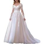 Elfenbeinfarbene Langärmelige V-Ausschnitt Brautkleider & Hochzeitskleider aus Spitze für Damen Größe XL zur Hochzeit 