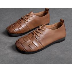 Koznoy 1,5 cm Retro Ethnic Kariertes Weben Leder Sommer Herbst Frauen Runde Zehe Schnürschuhe Oxford Schuhe mit weichen Sohlen
