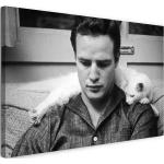 Leinwandbild (100x70cm): Marlon Brando mit Katze cat movie-star Legende retro vintage, echter Holz-Keilrahmen inkl. Aufhänger, handgefertigt in Deutschland