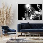 Leinwandbild (80x60cm): Janis Joplin on stage Rock-Star schwarz weiß Portrait Konzert, echter Holz-Keilrahmen inkl. Aufhänger, handgefertigt in Deutschland
