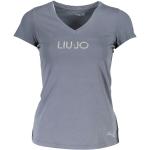 Graue Kurzärmelige Liu Jo V-Ausschnitt V-Shirts mit Strass für Damen Größe S 