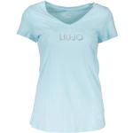 Hellblaue Kurzärmelige Liu Jo V-Ausschnitt V-Shirts mit Strass für Damen Größe XS 