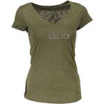 Grüne Kurzärmelige Liu Jo V-Ausschnitt V-Shirts mit Strass aus Baumwolle für Damen Größe XS 
