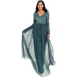 Reduzierte Emeraldfarbene Romantische Langärmelige V-Ausschnitt Winterkleider mit Pailletten aus Tüll für Damen Größe XL für die Hochzeitsgäste 