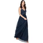 Reduzierte Marineblaue Romantische Langärmelige Maxi V-Ausschnitt Abendkleider & festliche Kleider aus Tüll für Damen Größe XL für die Brautjungfern 