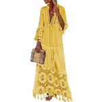 Gelbe Blumen Boho 3/4-ärmelige Maxi V-Ausschnitt Strandkleider aus Spitze Handwäsche für Damen Größe XS zur Hochzeit 