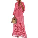 Rosa Blumen Boho 3/4-ärmelige Maxi V-Ausschnitt Strandkleider aus Spitze Handwäsche für Damen Größe M zur Hochzeit 