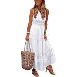 Weiße Boho Ärmellose Maxi V-Ausschnitt Strandkleider aus Spitze für Damen Größe XXL 