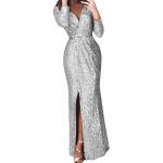 Silberne Sexy Langärmelige Maxi V-Ausschnitt Ballkleider für Damen Größe XS zur Hochzeit 