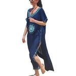 Blaue Print Ethno Maxi V-Ausschnitt Strandkleider für Damen Einheitsgröße 
