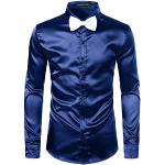Marineblaue Business Langärmelige Slim Fit Hemden aus Satin für Herren Größe S zur Hochzeit 