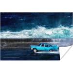 MuchoWow® Poster Oldtimer - Kuba - Cadillac - Blaues Auto fährt am Meer 120x80 cm - Bilder