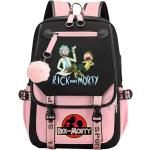 Rick and Morty Druck03 Student Schultasche USB-Lade Rucksack Jugendliche Reisetasche Laptop Tasche Schwarzrosa