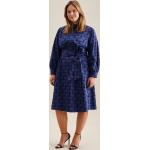 Blaue Langärmelige Seidensticker Wadenlange | Midi Frühlingskleider aus Baumwolle für Damen Größe XL 