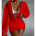 Rote Langärmelige Kurze V-Ausschnitt Winterkleider aus Baumwolle für Damen Größe XL 