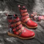 Rote Print Retro Stiefel mit Schnallen Reißverschluss für Damen Größe 43 