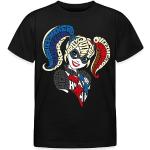 Spreadshirt Super Hero Girls Harley Quinn Typografie Kinder T-Shirt, 122/128 (7-8 Jahre), Schwarz