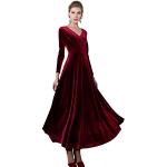 Dunkelrote Langärmelige Maxi V-Ausschnitt Winterkleider aus Samt maschinenwaschbar für Damen Größe XL zur Hochzeit 