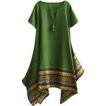 Grüne Ethno Kurzärmelige Rundhals-Auschnitt Sommerkleider aus Baumwolle für Damen Größe L 