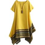 Gelbe Ethno Kurzärmelige Rundhals-Auschnitt Sommerkleider aus Baumwolle für Damen Größe M 