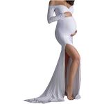 Reduzierte Weiße Boho Kurzärmelige Maxi V-Ausschnitt Schulterfreie Kleider aus Baumwolle Handwäsche für Damen Größe M zur Hochzeit 