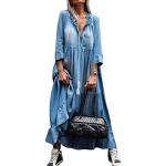 Reduzierte Hellblaue Boho Langärmelige Maxi V-Ausschnitt Frühlingskleider aus Denim Handwäsche für Damen Größe M zur Hochzeit 