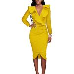 Gelbe Klassische Langärmelige Wadenlange | Midi V-Ausschnitt Cocktailkleider für Damen Größe M 
