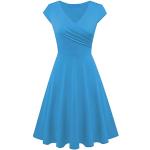 Himmelblaue Vintage Kurzärmelige Wadenlange | Midi V-Ausschnitt Frühlingskleider Handwäsche für Damen Größe L Große Größen 